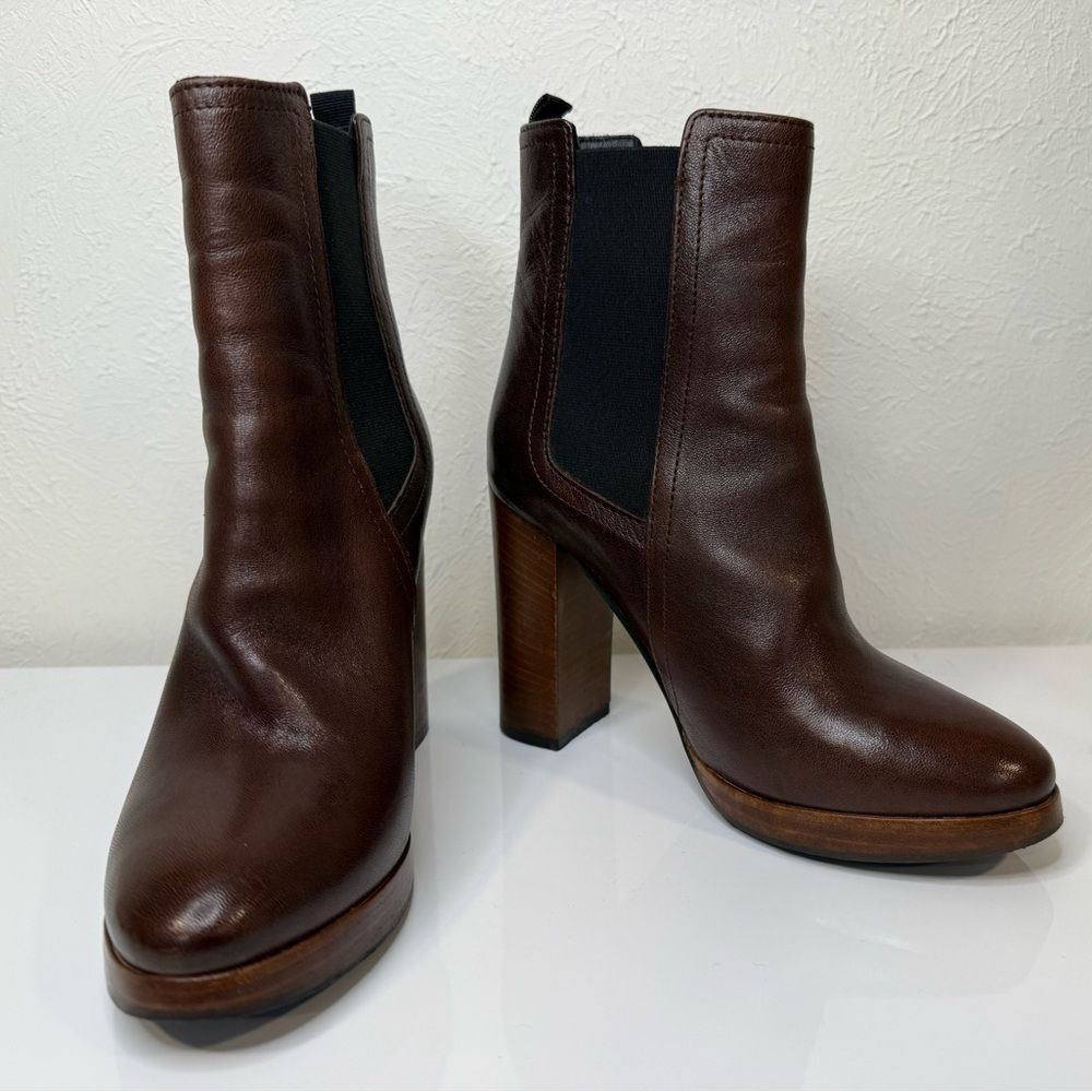 Minelli Brown Leather Chelsea Ankle Boots Stacked Heel Size 35 / US 5 - Picture 2 of 6